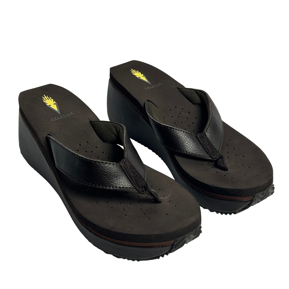 Volatile Womens Size 9 Brown Leather Platform Wedge Thong Sandals Flip Flops y2k